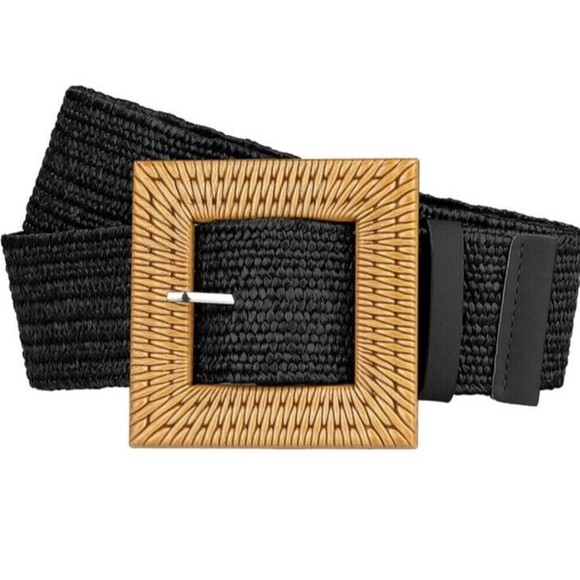 Square Wooden Buckle Straw Rattan Elastic Belt Womens One Size Brown/Black - Picture 1 of 13